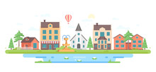 Cityscape With A Fountain - Modern Flat Design Style Vector Illustration