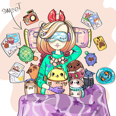 Wall Mural - Cute girl with sleeping mask is listening to music on headphones, sweet dream anime style cartoon character comics girl with her toys, young fashion woman vector illustration