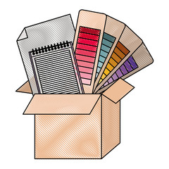 Sticker - cardboard box and color palette guide and notebook and sheet blank in colored crayon silhouette vector illustration