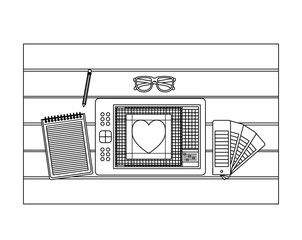 Sticker - notebook and design tools and tablet digitizer over table on top view in black contour vector illustration