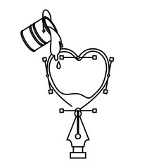 Sticker - paint bucket over heart design with fountain pen in black contour vector illustration