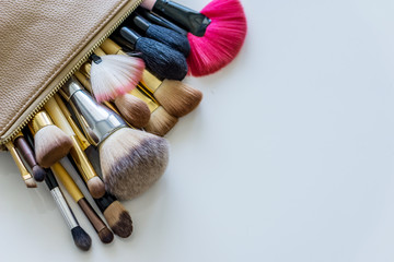 Close up of brushes, makeup applicators.