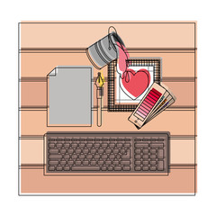 Sticker - keyboard computer and drawing tools over desk on top view in watercolor silhouette vector illustration