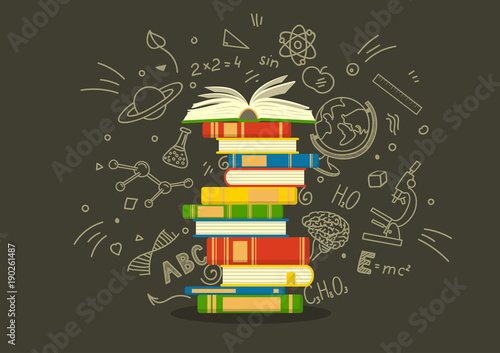 Cuadros en Lienzo Stack of colorful books with education sketches