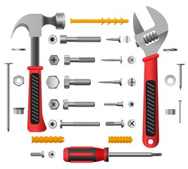 Wall Mural - Screws, nuts and tools. Nail and screw isolated on white background, screwdriver and hammer vector illustration