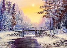 White Bridge Over The River, Winter Landscape