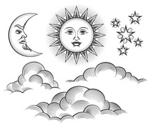 Sun, Moon And Clouds Engraving. Retro Scratching Or Engraved Moon And Sun Celestial Faces Vector Illustration In Vintage Style