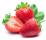 Fototapeta  - Three strawberries with strawberry leaf on white background.