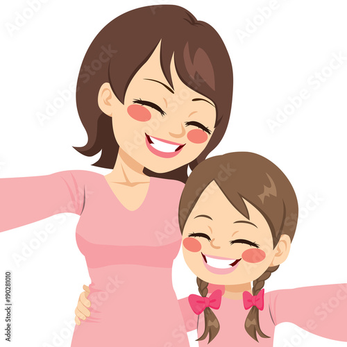 Beautiful mother and daughter happy making selfie together with same pink shirt