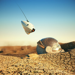 white robot drone hovering over obsolete space helmet in cracked desert on other planet. sci-fi concept 3d render illustration