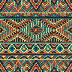 Embroidered seamless geometric pattern. Ornament for the carpet. Ethnic and tribal motifs. Colorful print of handmade. Vector illustration.