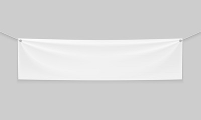 empty mockup white textile banner with folds on ropes.