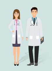 Two doctors male and female in uniform standing together. Man and woman doctors characters. Medical clinic staff.