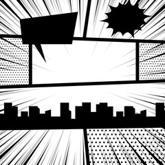 Comics book monochrome template background. Pop art black white empty backdrop mock up. Vector illustration halftone dot mockup for comic text. Silhouette city boom explosion. Speech bubble balloon.