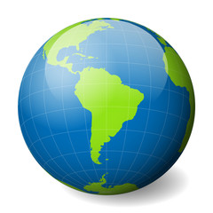 Wall Mural - Earth globe with green world map and blue seas and oceans focused on South America. With thin white meridians and parallels. 3D glossy sphere vector illustration.