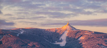 Morning Sunrise At Jested Mountain And Jested Ski Resort. Winter Time Mood. Liberec, Czech Republic. Panoramic Shot.