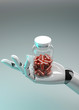 3D illustration. Robo hand holds a can with pills. Concept of hi tech medicine.