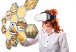 Virtual reality concept - women choosing from menu. VR headset on a digital interface in restaurant touching a option, interacts with cyberspace, head shot
