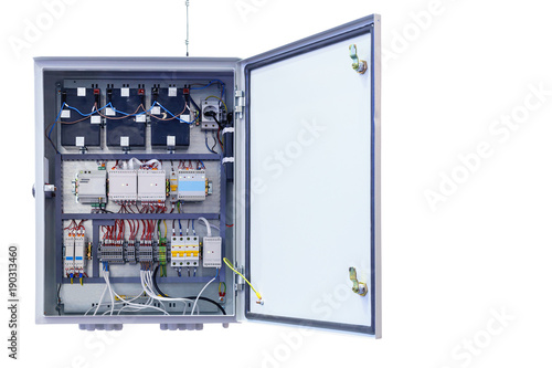 Fotografía electrical control Cabinet with an open door isolated on a white background