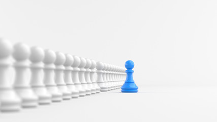 Leadership concept, blue pawn of chess, standing out from the crowd of white pawns, on white background. 3D rendering.