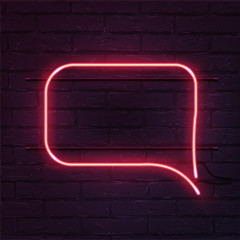 Wall Mural - Vector realistic neon rectangle speech bubble on brick wall. Pink rectangle speech bubble neon sign.