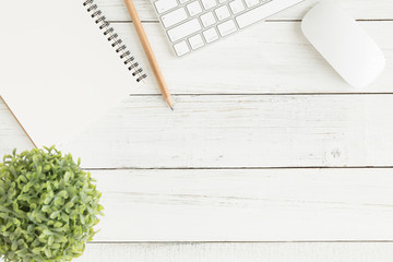 Wall Mural - flat lay photo of office desk with mouse and keyboard,white copy space with pencil top view