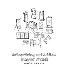 Hand drawn doodle advertising exhibition banner stands set.