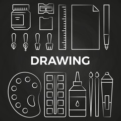 Poster - Hand drawn linear drawing stationery icons on chalkboard