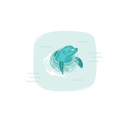 Sticker - Hand drawn vector abstract cartoon summer time fun illustration with swimming dolphin in blue ocean waves isolated on white background