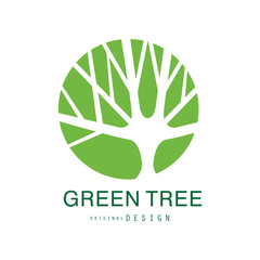 Sticker - Green tree logo original design, eco and bio badge, abstract organic design element vector illustration