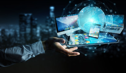 Businessman connecting tech devices and icons applications 3D rendering