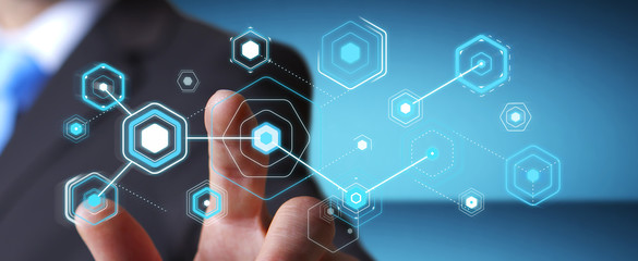 Businessman using digital screens with holograms datas 3D rendering
