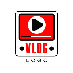 Poster - Vector logo for information video channel or vlog. Creative emblem with screen, play button and timeline. Live stream icon. Concept of web television or online broadcast