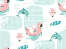 Hand Drawn Vector Abstract Cute Summer Time Cartoon Illustrations Seamless Pattern With Pink Flamingo Float Circle,surfboard And Dolphins In Blue Ocean Water Background