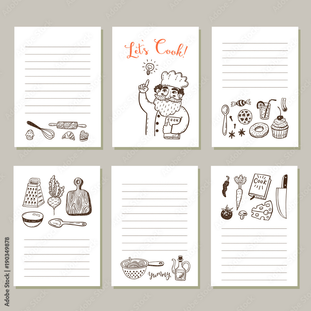 Design Notes Food Page template set for notes or cooking recipe cards with hand drawn ...