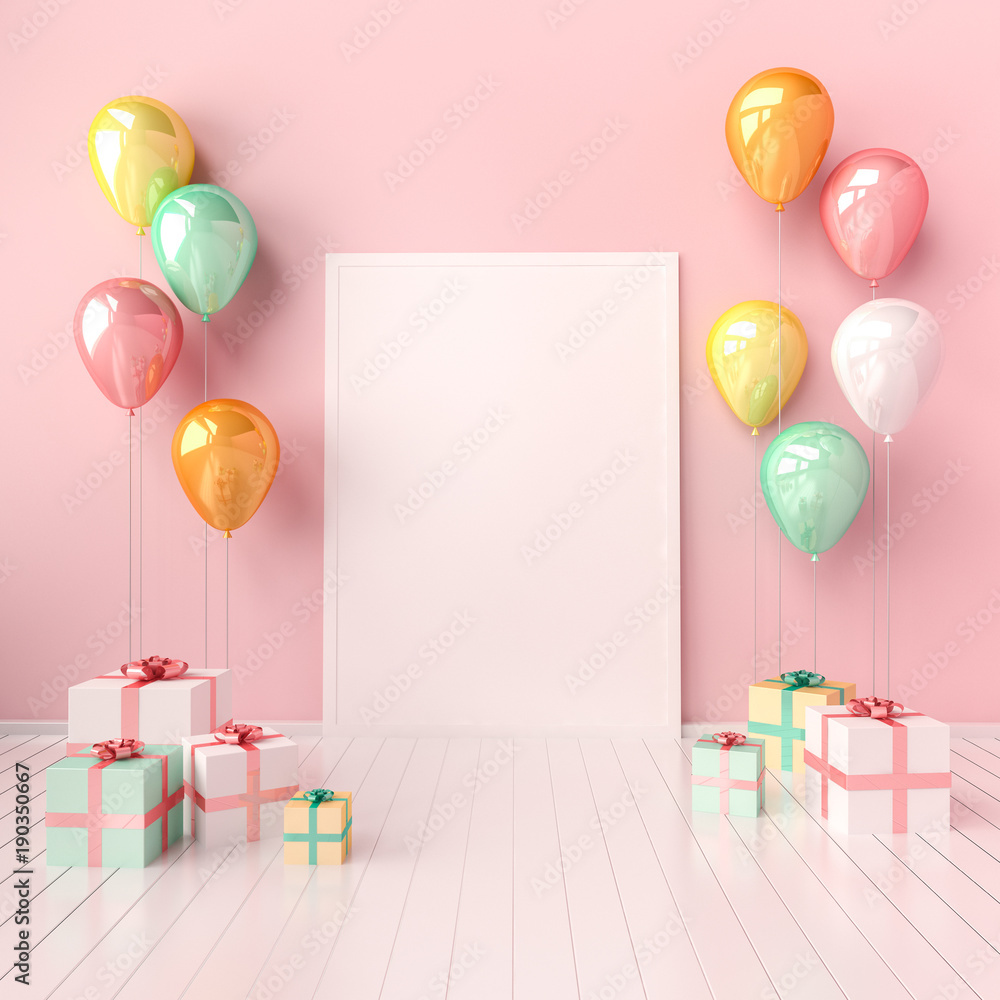 3D interior mock up illustration with pink and blue balloons and gift ...