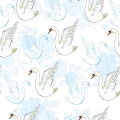 Seamless pattern with white swans. Vector.