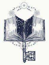 Open Magic Book And Vintage Key Tattoo And T-shirt Design. Books And Key To Knowledge. Symbol Of Wisdom, Lives And Death, Education, Literatures, Poetry, Reading. Open Book Art Tattoo