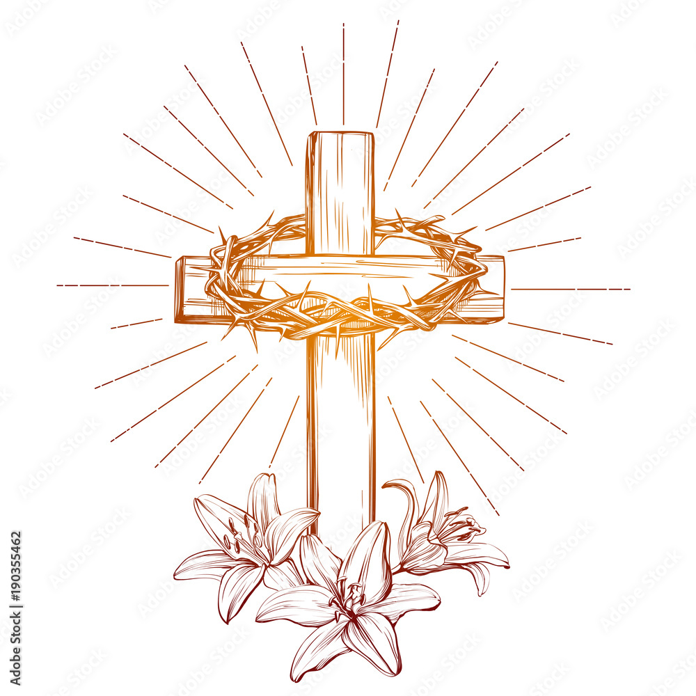 crown of thorns, wooden cross and floral blooming lilies, Easter . symbol  of Christianity hand drawn vector illustration sketch Stock Vector | Adobe  Stock, image size:1000x1000