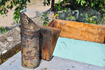 Canvas Print - Bee smoker on beehive in apiary. Beekeeper control bees with a smoker