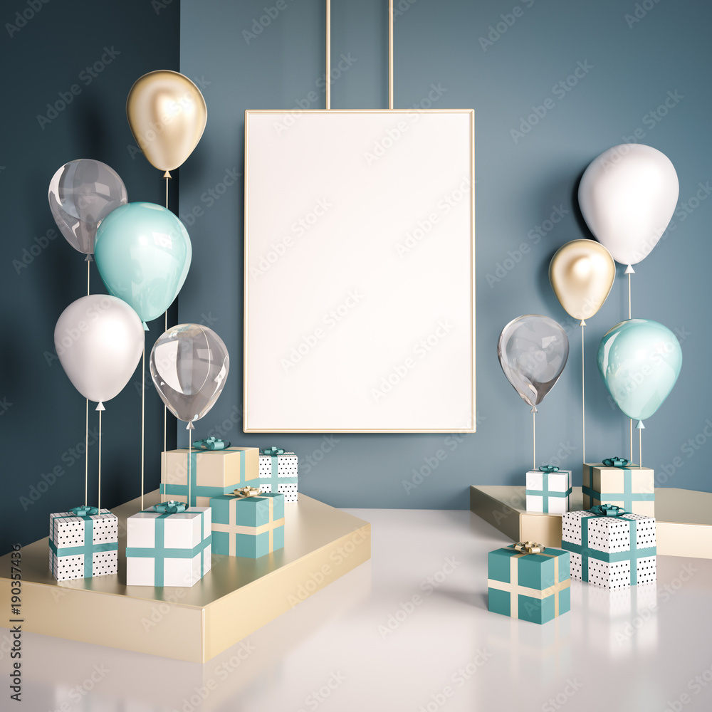 Interior mock up scene with blue and gold gift boxes and balloons ...