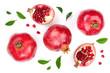 pomegranate with leaves isolated on white background. Top view. Flat lay pattern