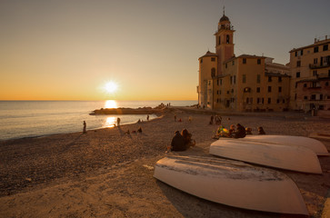 CAMOGLI, ITALY, JANUARY 13, 2018 - View of city of Camogli at sunset , Genoa (Genova) Province, Liguria, Mediterranean coast, Italy