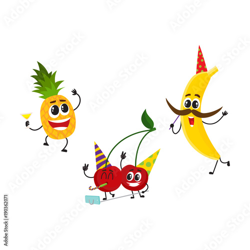Download Vector Flat Fruit Characters Summer Party Set Banana In Party Hat Mustache Pineapple Holding Cocktail Glass Dancing Cherry Making Selfie Summer Vacation Isolated Illustration White Background Stock Vector Adobe Stock