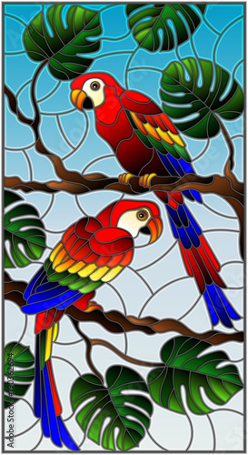 ilustracja-w-witrazu-stylu-z-para-ptakow-parakeet-na-galeziastym-tropikalnym