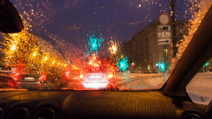 Canvas Print - poor visibility while driving car in Moscow