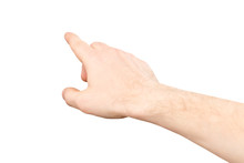 Closeup Image Of Male Hand Making Pointing Gesture Isolated At White Background.