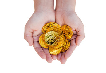 Close up of a bitcoin coins in woman hand isolated on white background with clipping path