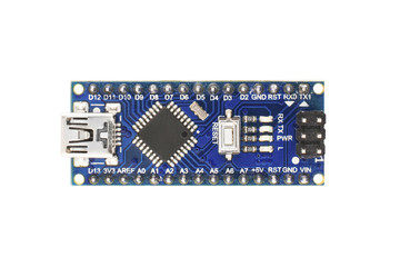 Arduino Nano-board for the implementation of school laboratory work on electronics and robotics. Isolated on white background flat layout.