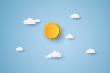 Wall Mural - cloudscape , blue sky with cloud and sun , paper art style